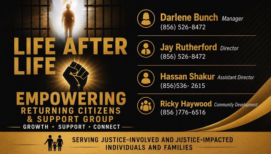 Life After Life program flyer listing the leadership team and phone numbers: Darlene Bunch and Jay Rutherford at (856) 526-8472, Hassan Shakur at (856) 536-2615, and Ricky Haywood at (856) 776-6516.